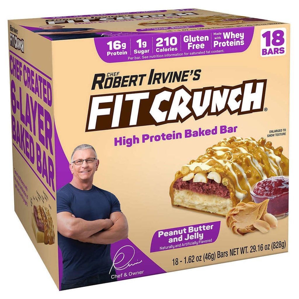 FITCRUNCH 스낵 크기 단백질 바, 6 층 바, 설탕 1g, 글루텐 무료 및 소프트 케이크 코어 (18 바, 땅콩 버터 및 젤리)