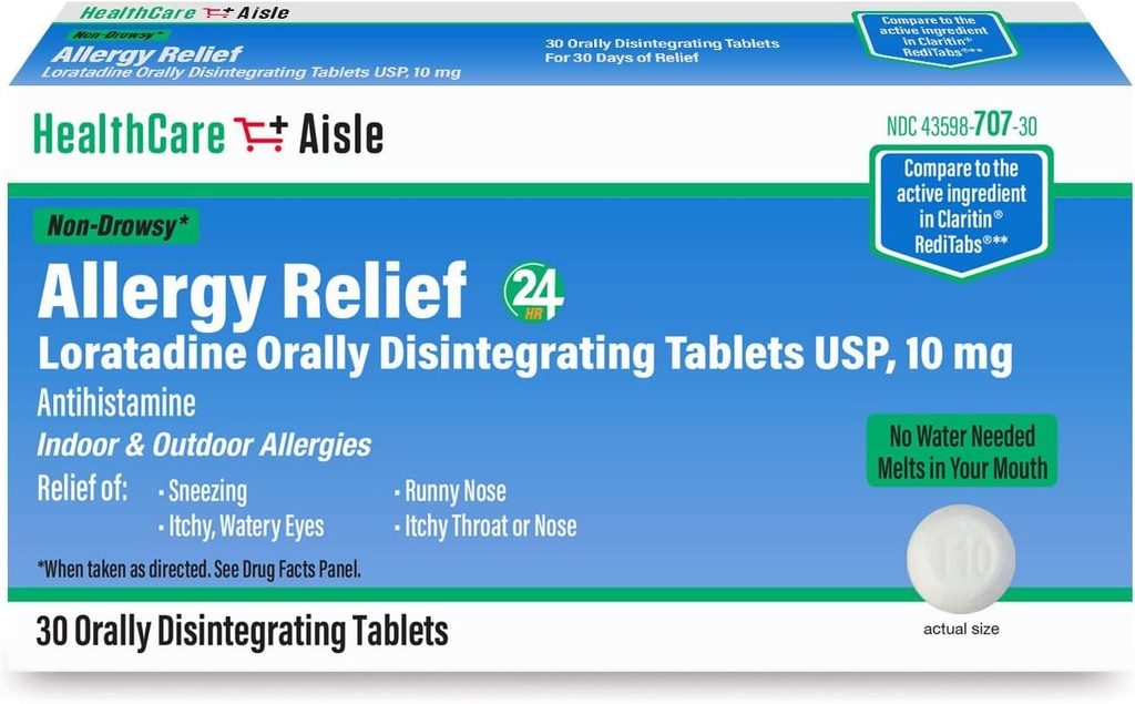 HealthCareAisle Allergy Relief - Loratadine 10 mg Orally Disintegrating Tablets USP - 30 Tablets - Original Prescription Strength ​ Allergy Medication, 24-Hour Relief​