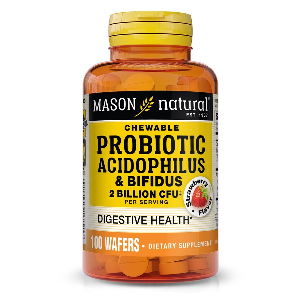 MASON NATURAL Chewable Probiotic Acidophilus, Strawberry, 50 Day Supply | 2 Billion CFU acidophilus & bifidus, 100 chewable strawberry tablets to support normal digestive & colon functions