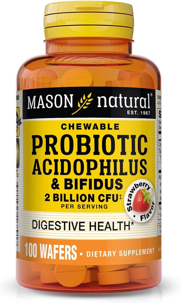 MASON Natural Probiotic Acidophilus with Bifidus, 50 Day Supply, Supports Healthy Normal Digestion, Jahodová príchuť, 100 Chewable Wafers