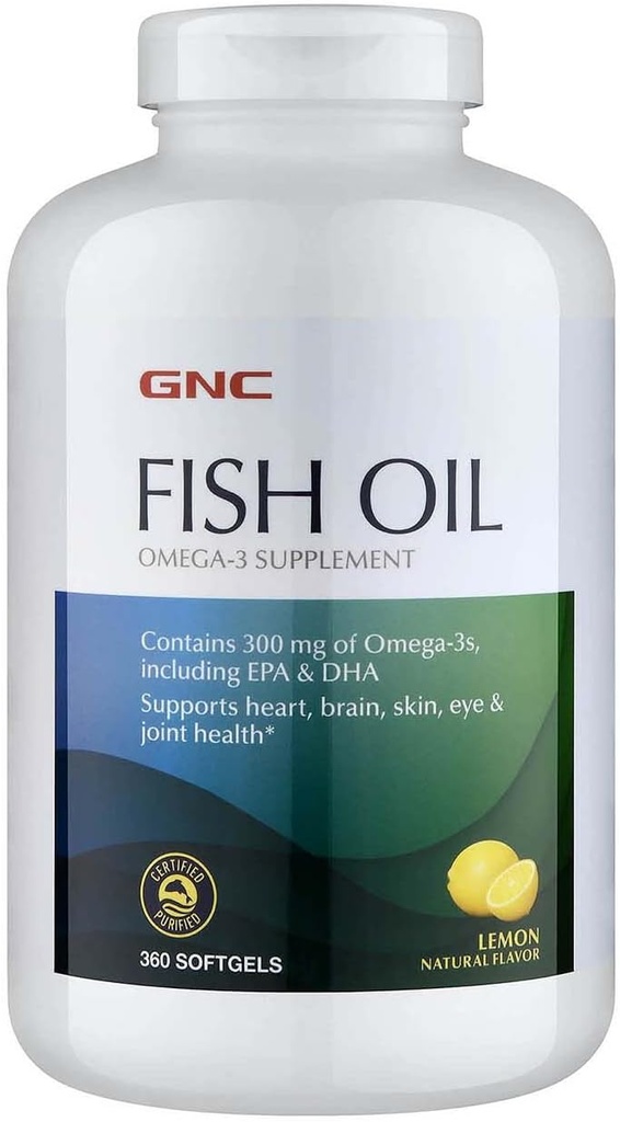 GNC Fish Oil Omega 3 Supplement, 300mg EPA and DHA, Lemon Flavor, Supports Heart, Brain, Skin, Eye and Joint Health, 360 Softgels, 360 Servings