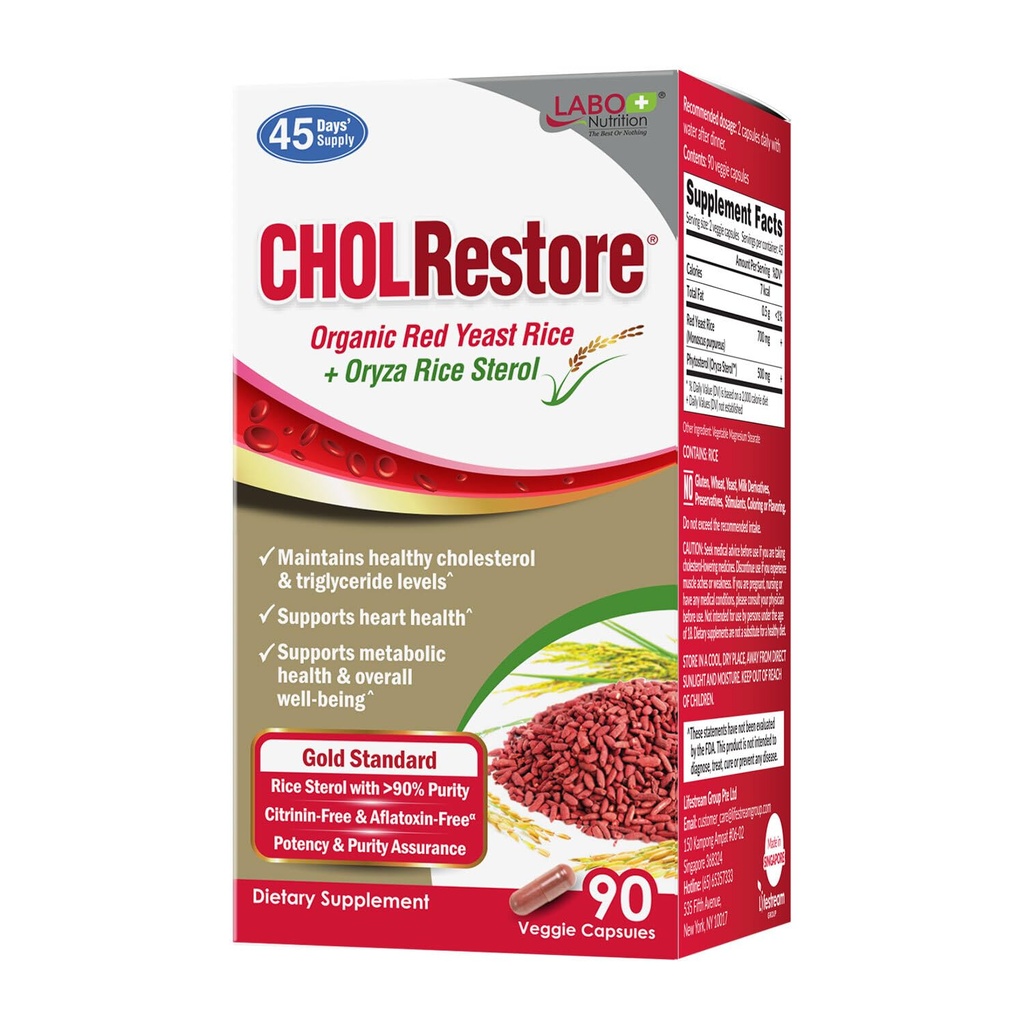 LABO Nutrition CHOLRestore – Red Yeast Rice with Phytosterol Health Supplement, Supports Healthy Cholesterol Levels, Citrinin, Aflatoxin & Soy Free, 90 Vegetarian Capsules