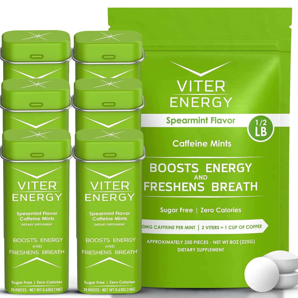 Viter Energy Original Caffeine Mints Spearmint Flavor 6 Pack and 1/2 Pound Bulk Bag Bundle - 40mg Caffeine, B Vitamins, Sugar Free, Vegan, Powerful Energy Booster for Focus and Alertness