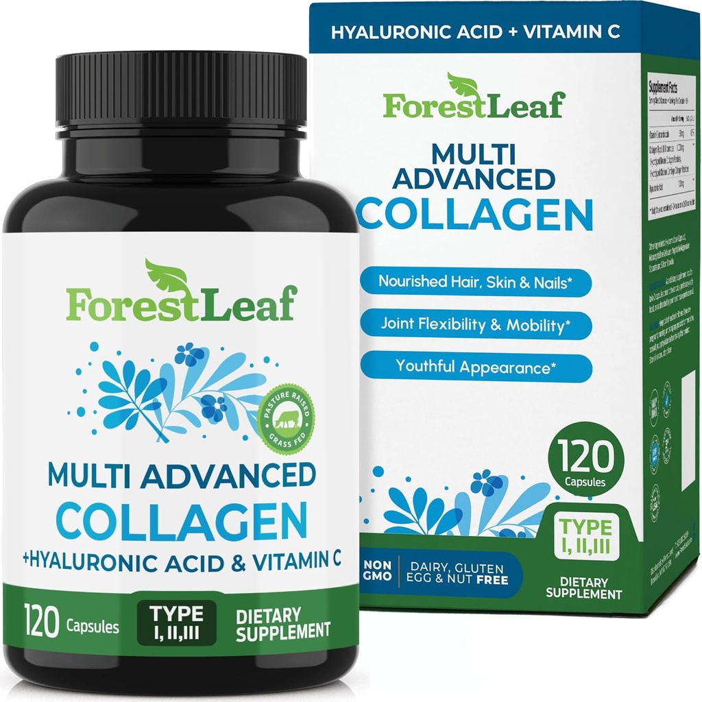 ForestLeaf Multi Collagen piliulės su hialurono rūgštimi + vitaminu C ® 124; hidrolizuoti kolageno papildai moterims ar vyrams ® 124; Multi Collagen Capsules Peptides odos, raukšlių, 120 Caps