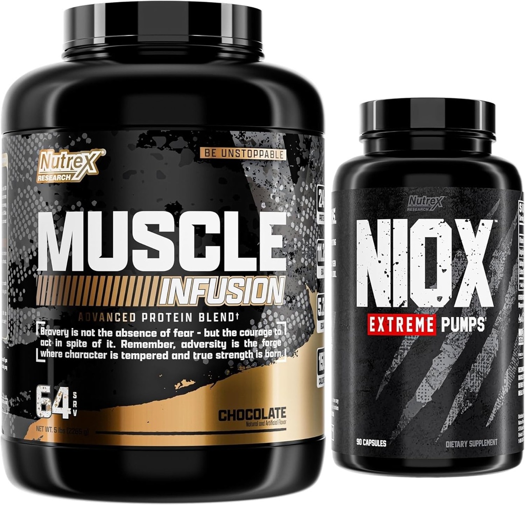 Nutrex Research Whey Protein Powder, Chocolate Muscle Infusion Whey Isolate Plus Niox Bundle