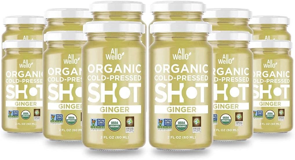 ALLWELLO Cold-Pressed Ginger Shot, 60 mL, USDA Imune Imune Booster Orgânico com Natu-RAL 12 Unidades por caso (12 Pack)