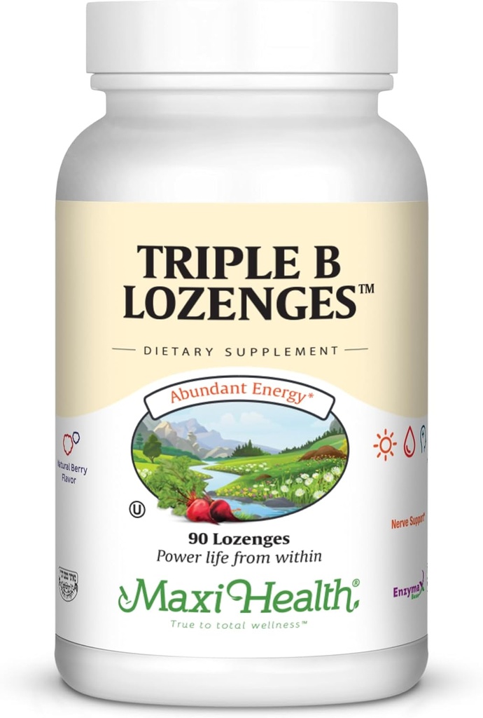 Maxi Health Triple B Lozenges - Vitamina B12 & B6 & Biotin - Strawberry Flavor - 90 Chewies - Kosher