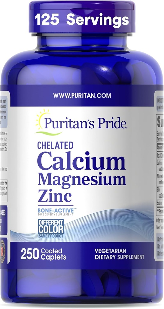 清教徒的"荣耀精华"(Primium Premium Chelated Calcium Magnesium Zinc 配有 Bone-AactiveTM),"骨质健康和免疫功能支持的饮食补充"(Bone Health and Immune 函数支持),250 Ccoted Caplets