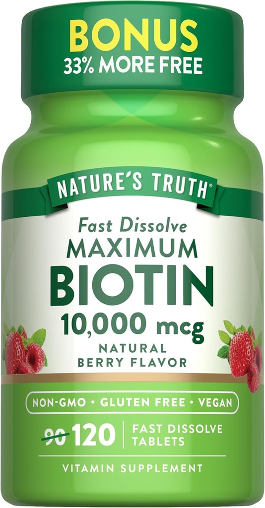 Nature's Truth Biotin 10000mcg  по 120 Fast faultable Tablets - Максимум натиск - натурален аромат на Бери Веган, без GMO & Gluten Безплатна добавка