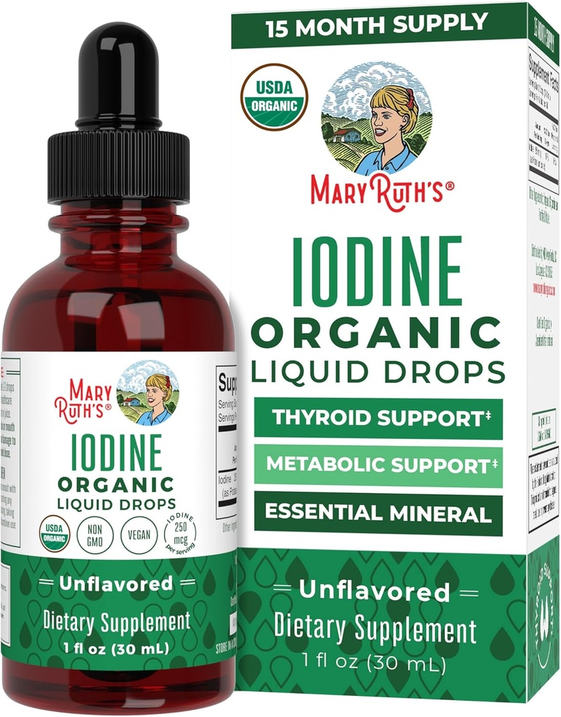 MaryRuth Organics Iodine נוזל טיפות | פוטסיום Iodide | 1 Year Supplys | 450 משרתים | Thyroid Health | USDA אורגני | Non-GMO | Getten Free | 1 Fl Oz
