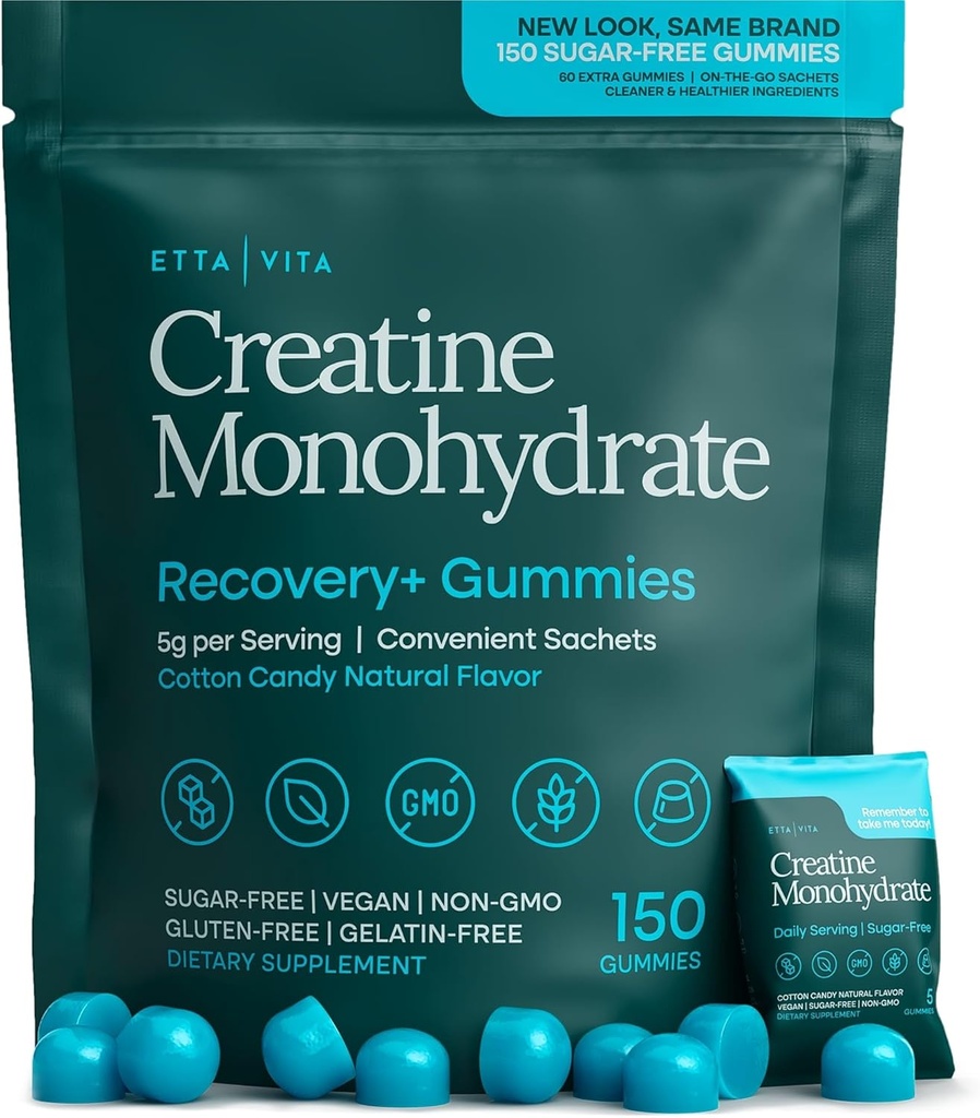 Creatina sem açúcar Gummies mono-hidratadas (5g por pacote) - Potente Creatina Gummies para homens e mulheres, Suplemento para suporte muscular, Função cognitiva - Não-GMO, Sem glúten, Pruriens Mucuna