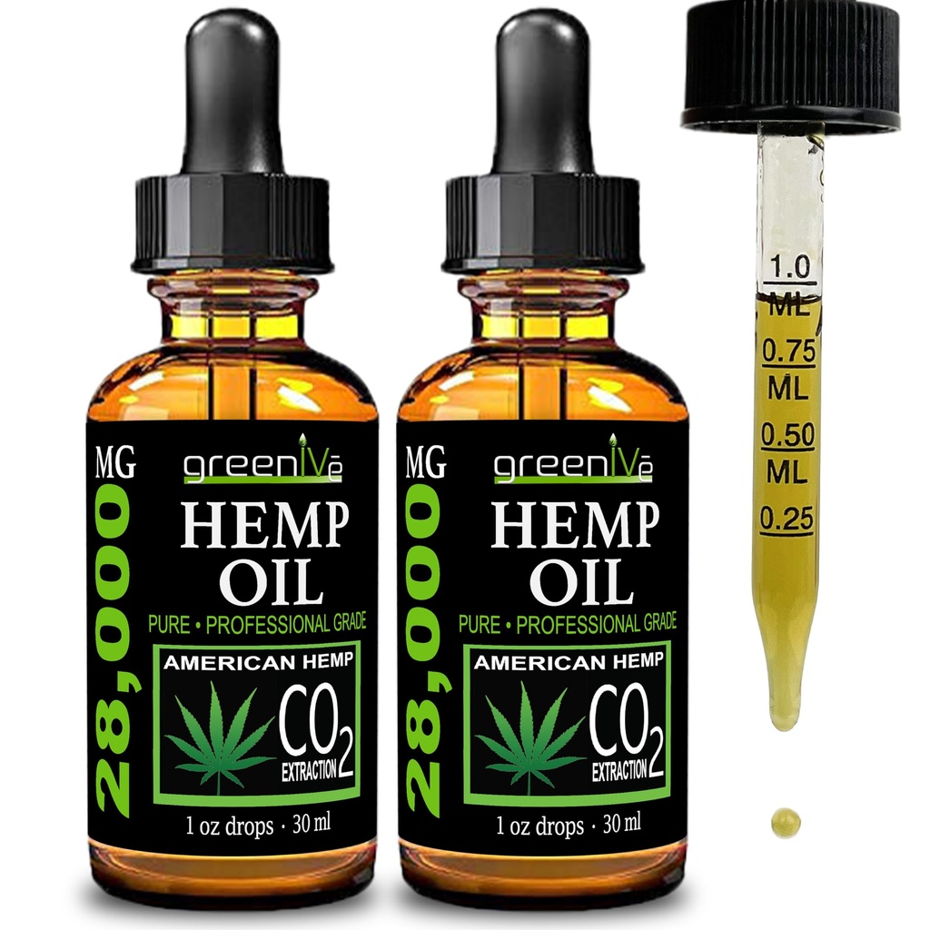 GreenIVe Hemp Oil Drops 28,000mg Per Bottle – Naturally Grown, Vegan, Rich in Omegas – Premium Hemp Oil Dropper – Non-GMO, Made in USA – 30mL (2 Pack)