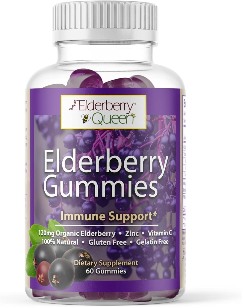 Elderberry Queen Organic Elderberry Gummies 60 ct - 비타민 C 및 아연이있는 면역 지원 Gummies - 성인 및 어린이를위한 Elderberry 비타민 Gummies