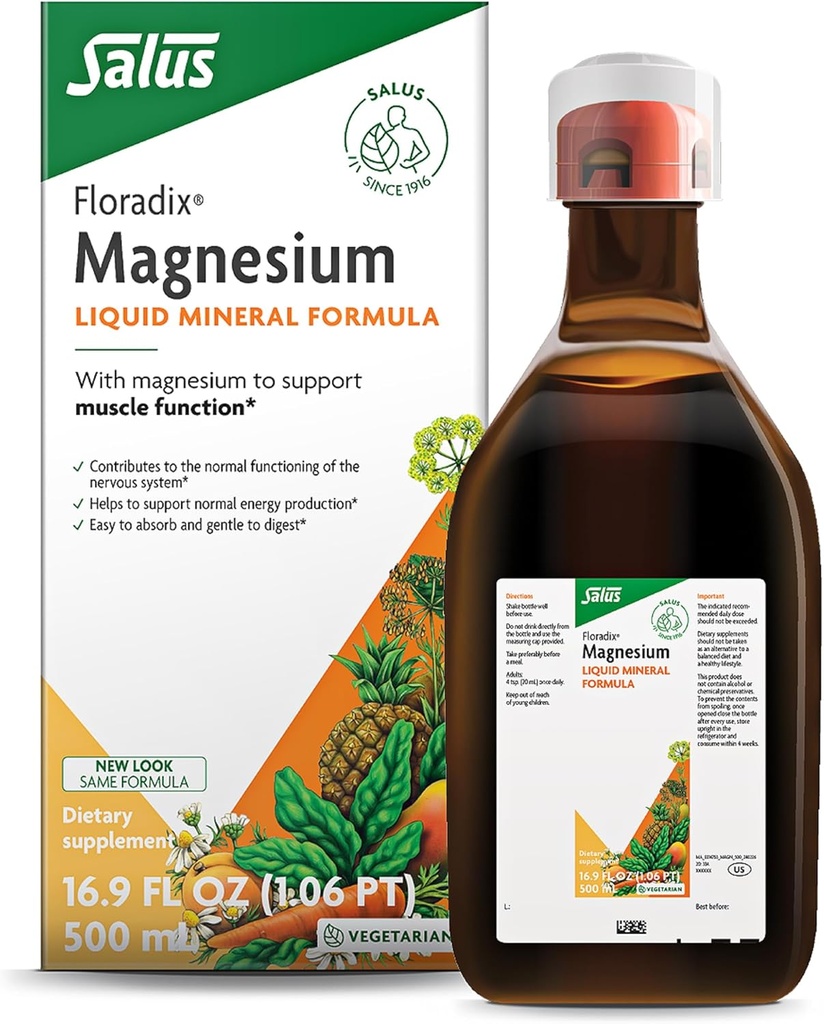 Floradix Magnesium - 液态草药和矿物补充剂支持健康神经系统与正常肌肉功能 - Gentle液态 - 蔬菜、无胶体和无胶体 - 16.9 fl oz