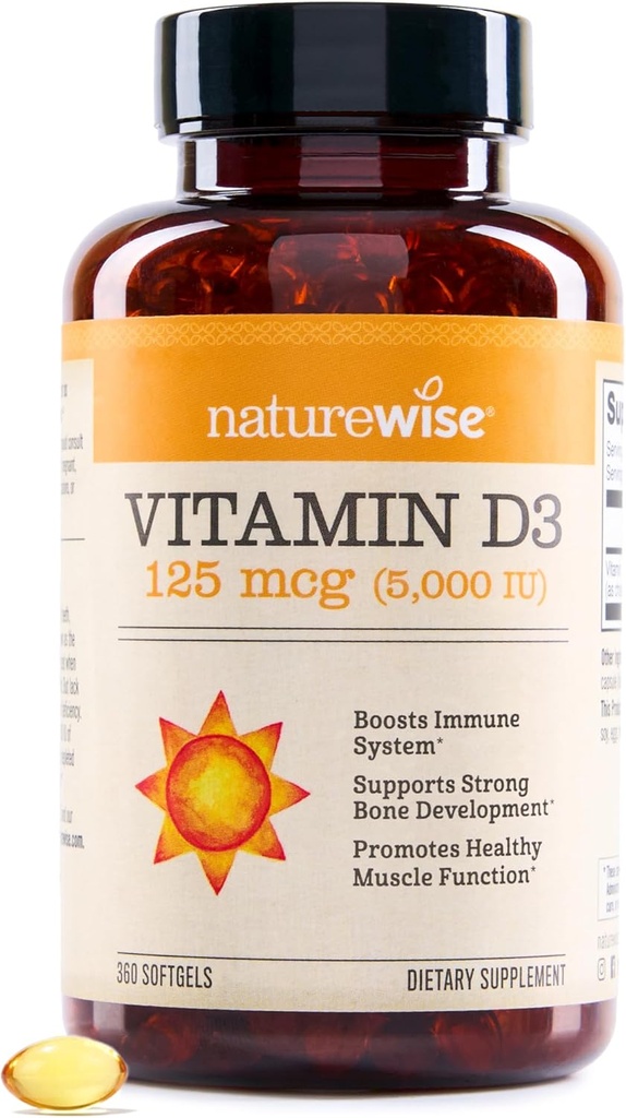 NatureWise D3-vitamin 5000iu (125 µg) 1 év Ellátási Immunrendszer, Egészséges izomműködés, és Csontegészség - Non-GMO, glutén mentes szerves extra szűz olívaolaj, (Mini Softgel), 360