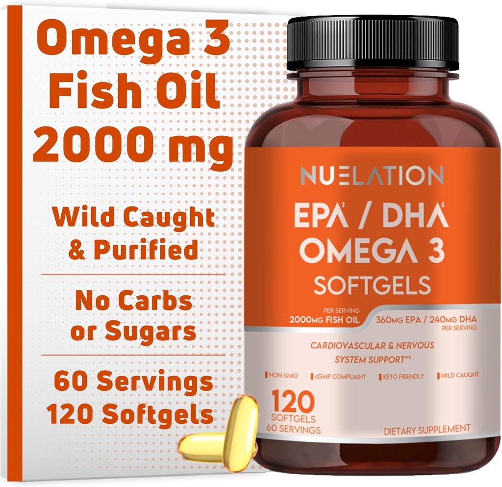 Omega 3 Fish Oil 2000mg. Suplementos Omega 3 aceite de peixe para apoiar a saúde cardíaca, funcións cerebrais e sistema cardiovascular - Non-GMO, Gluten-Free & Keto-Friendly - 60 servizos, 120 Softgels