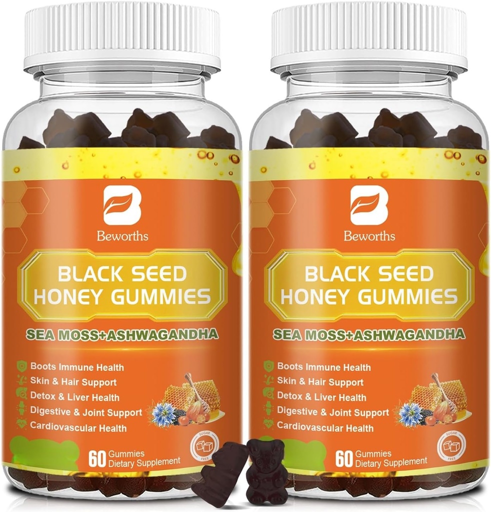 (2 Pack) Black Seed Oil Sea Moss Gummies con Ashwagandha, Burdock Root, Linden Honey, Elderberry, Turmeric, Vitamin C, D3 & Zinc - soporta inmunidade, articulacións, Digestion, cabelo e pel, Vegan Gummies 120