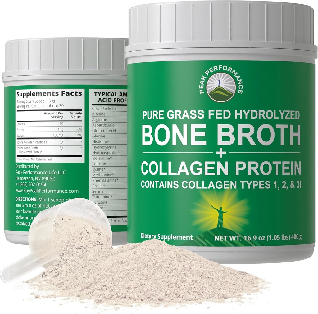 Peak Performance Hydrolyzed Bone Broth və Collagen Unflavored Protein Peptides Toz Bütün Collagen növləri: 1, 2, və 3. Pure Pasture, Viewd Grass Fed, Paleo Dostu, Gluten + Süt Pulsuz