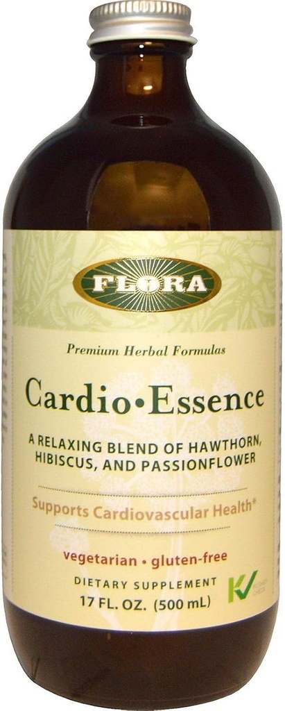 Flora - Cardio-Essence, Relaxačný Blend of Hawthorn, Hibiscus & Passionflower, Vegetarian, Gluten Free Daily Tonic, 17-fl. oz. Sklenená fľaša