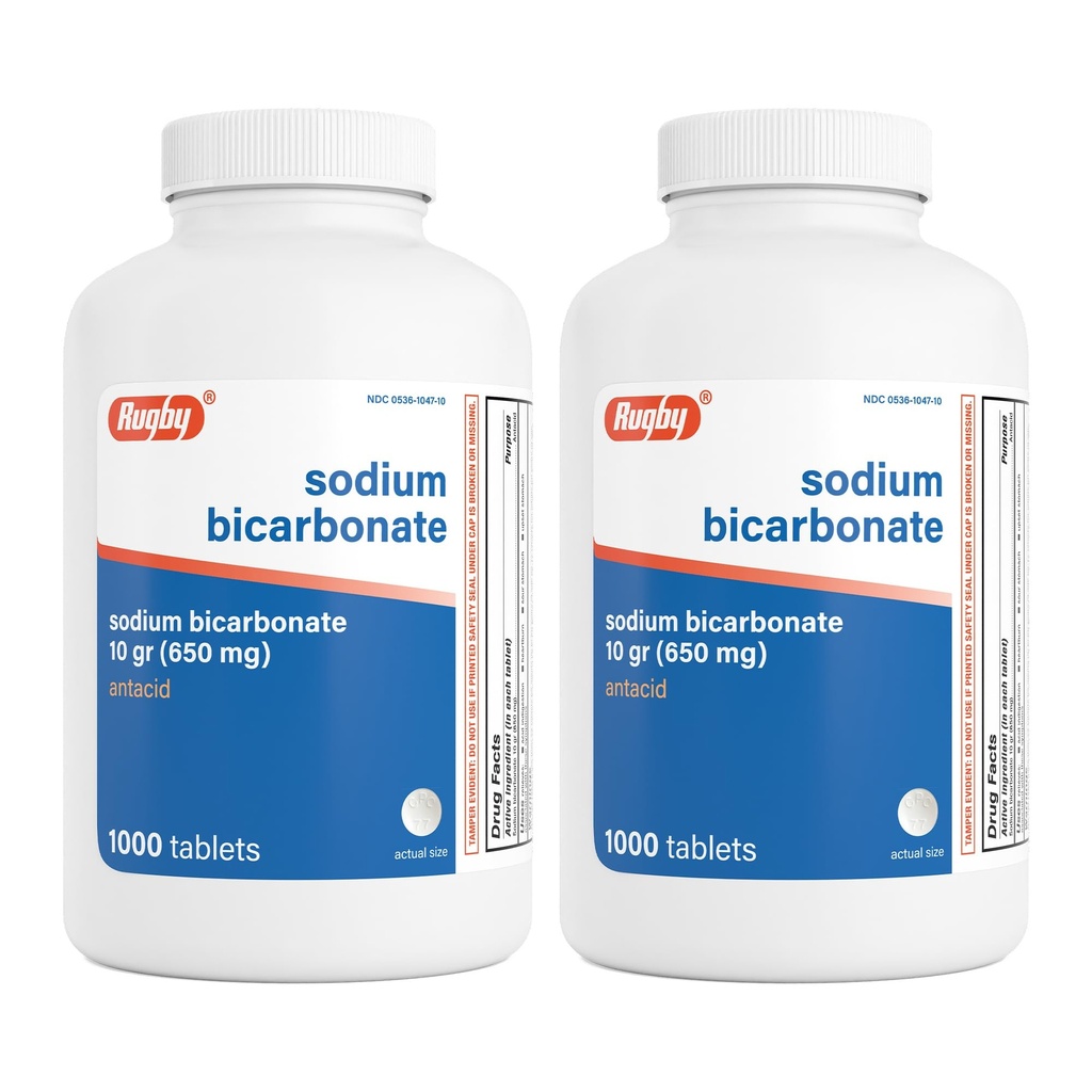 Rugby Sodium Bicarbonate 650 mg Antacid Tablets - Relief for Heartburn, Sour Stomach & Indigestion, 1000 Count (2-Pack)