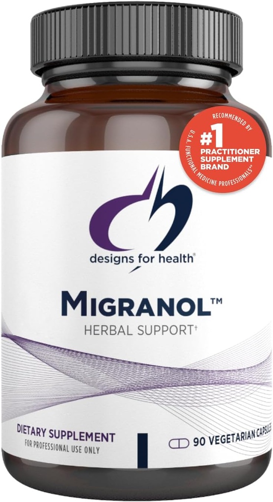 Designs for helse Migranol - Feberfew Supplement med magnesiummalat, Curcumin (Turmeric) Ekstrakt, Rosemary + B2 Riboflavin - Ikke-GMO + Glutenfri (90 kapsler)