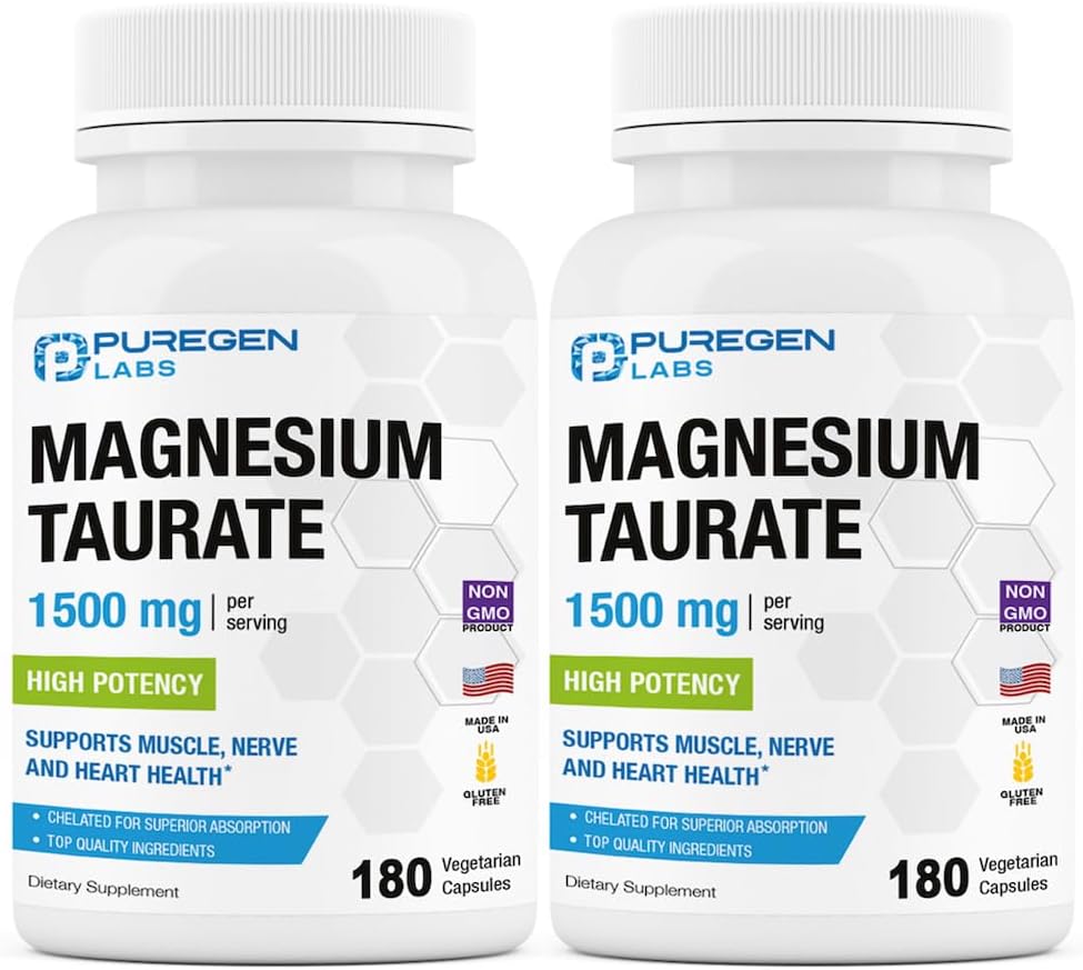 Puregen Labs Magnesium Turate 1500 מ"ג עבור המשרתת (High Potency) Total 360 Veggie Caps, Chelated for Superior Absorption, non-GMO, noten and Milk | Made in USA