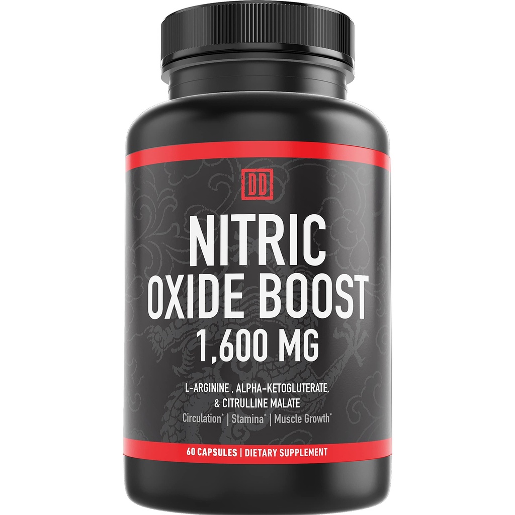 Nitric Oxide Booster Supplement, 1600mg Extra Strength L-Arginine, Citrulline Malate, and Alpha-Ketoglutarate (60 Count, 1 Bottle)
