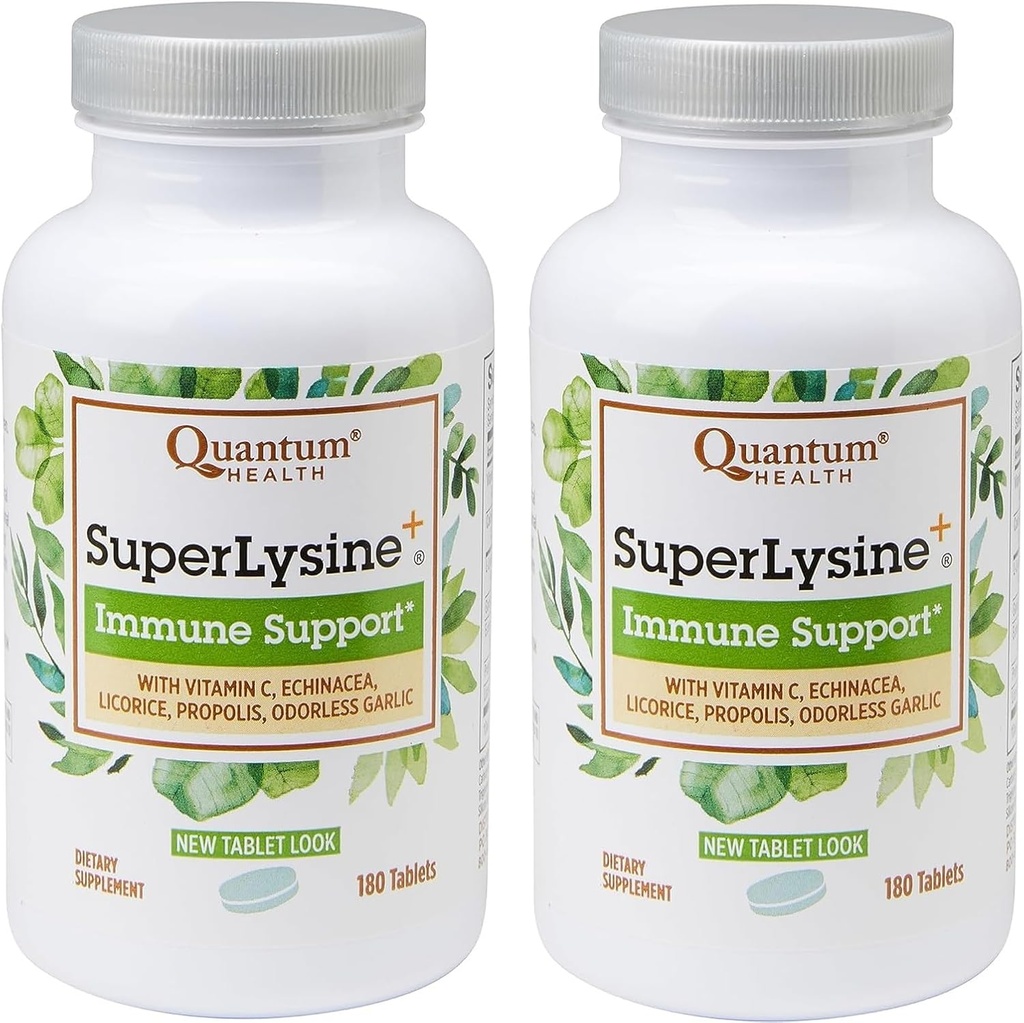 Supernik Kesehatan Quantum, SuperLysine + Formula Ammune Dukungan Lysine 1500 mg, Vitamin C Echinacea Bee Propolis & Odorless Garlic - 180 Tablets (Paket 2)