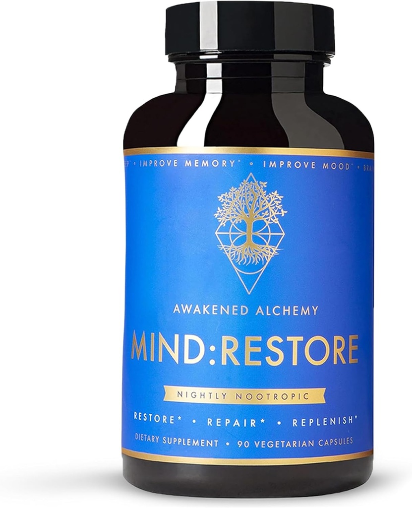 MIND:RESTORE Premium Nighttime Nootropic Supplement □ Nutrição Cerebral para Memória e Sono □ 9 Ingredientes Premium L Leões Teanina Mane Colina Magnésio L Treonato Vitamina B6 Bacopa Monnieri