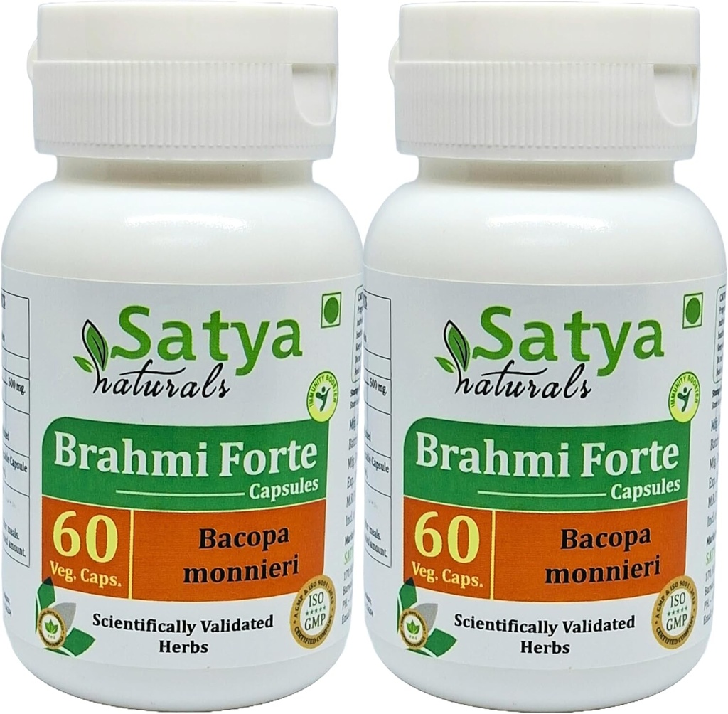 Brahmi Forte Capsules 500 mg. 60 Veg. Capsule | Brahmi (Bacopa Monnieri) Extract Capsules for Men and women | Ayurvedic Herbal Supplement/Remedies | 10:1 Forte (2 Bottles of 60 Capsules)