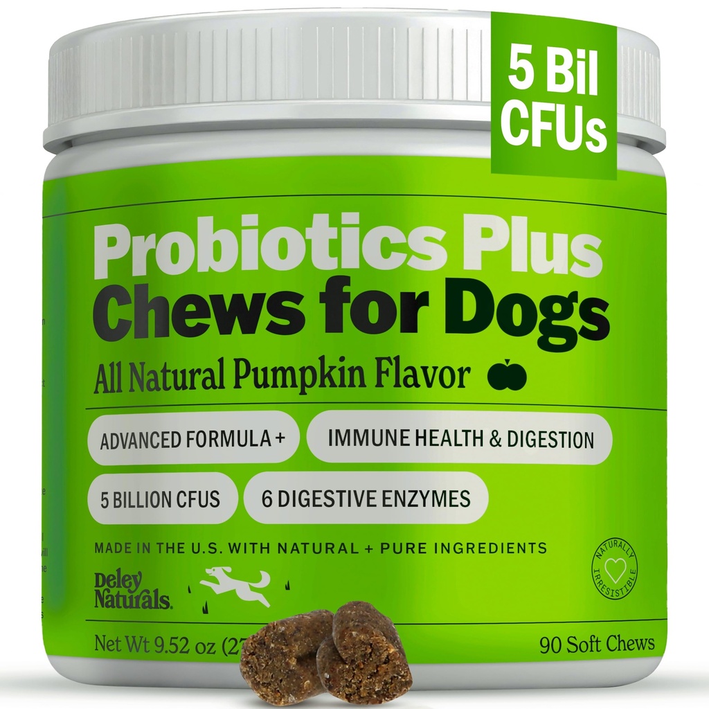 Deley Naturals Probiotics Plus Chews for Dogs - Gut Health Supplement with 5 Billion CFU's & Digestive Enzymes - Prebiotics for Dog Allergies, Diarrhea & Yeast - 90 Count Pumpkin Flavor Made in USA