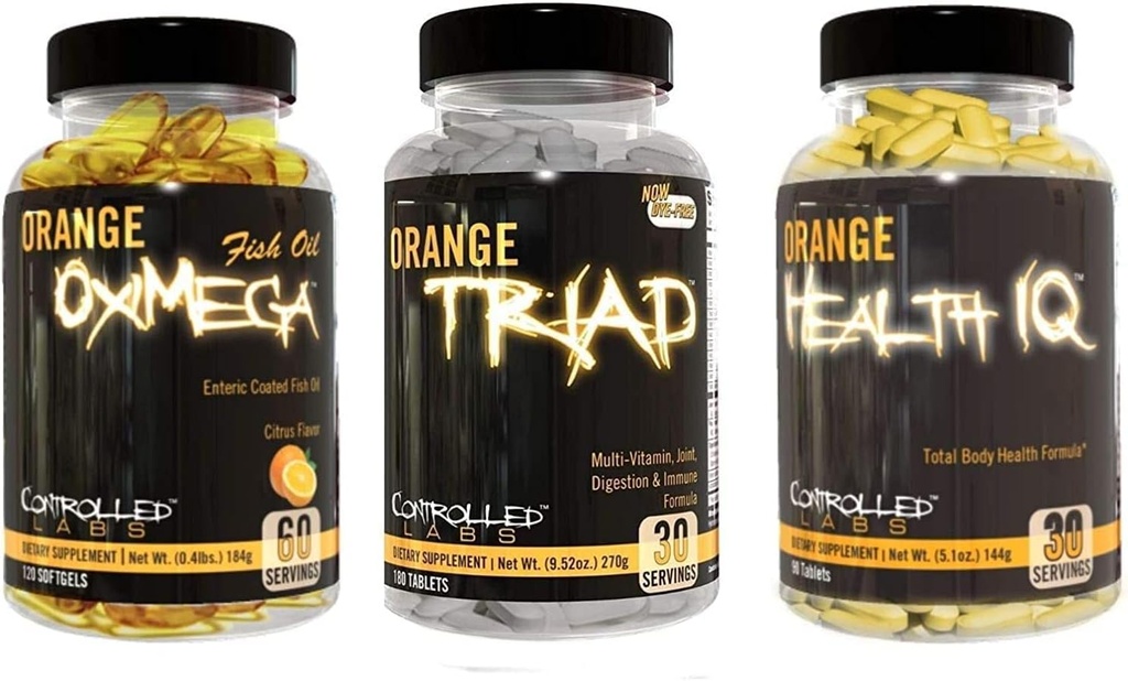 CONTROLLED LABS Overall Health Bundle, 30 Servings Orange Triad, 90 Count Orange Health IQ, 120 Count Orange Oximega Fish Oil, Muscle Building and Recovery Supplement for Men and Women