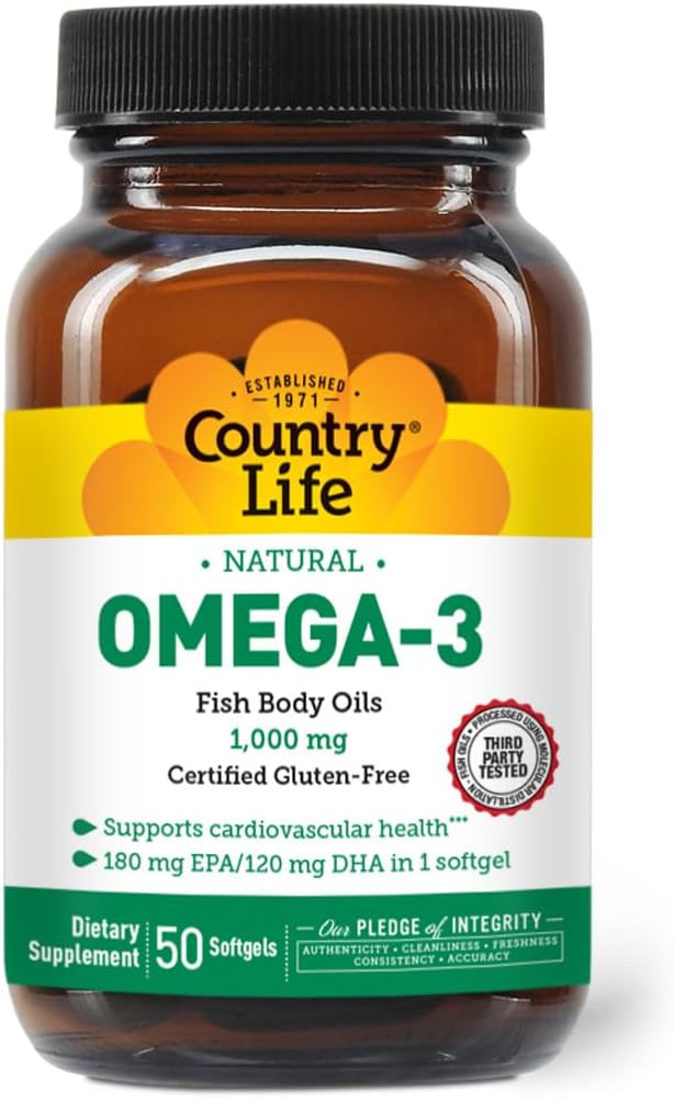 Suplemento de aceite de peixe Omega-3 Country Life, 10000mg,180mg EPA & 120mg DHA, concentrado de aceite de peixe, incrustado, 50 Softgels, Gluten certificado