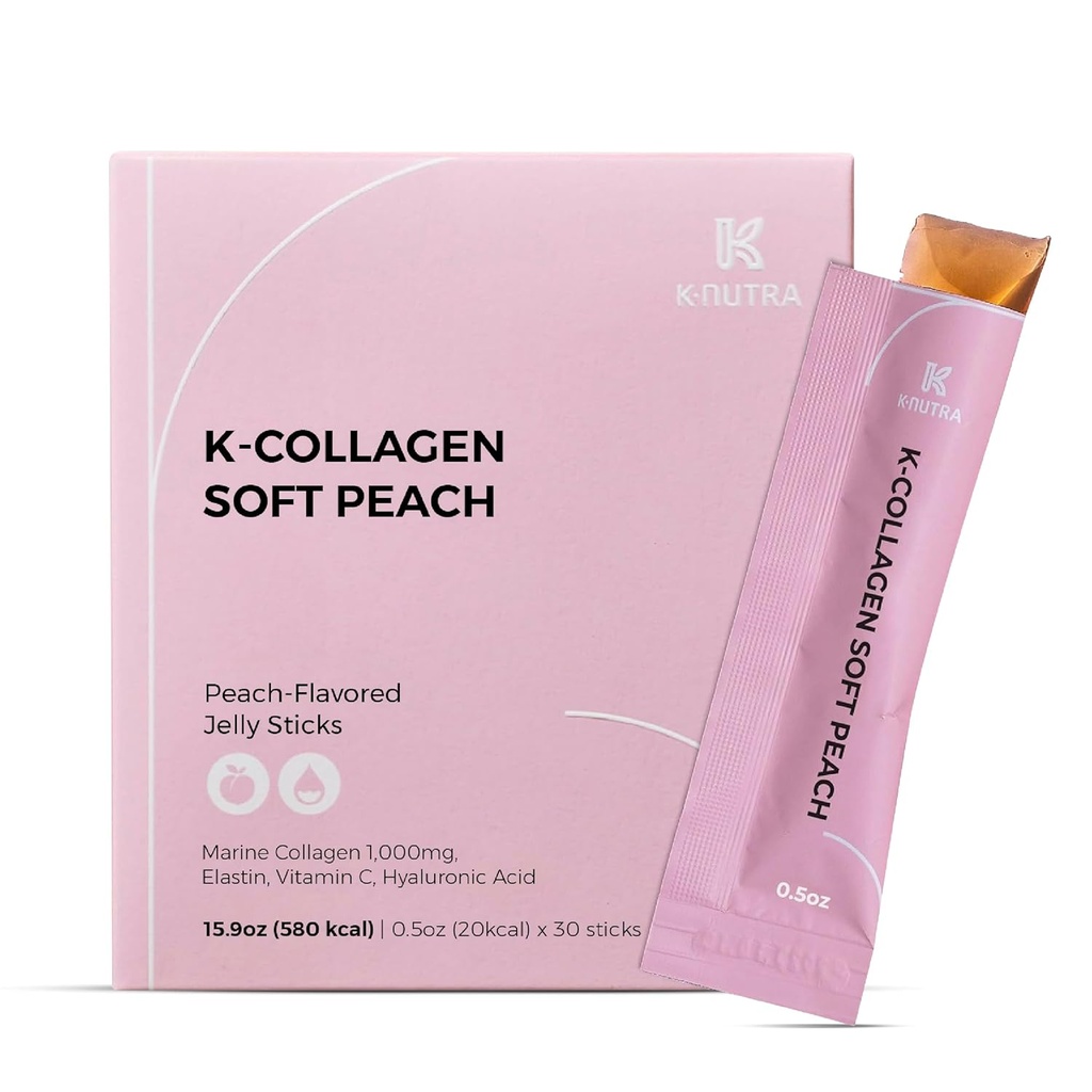K-Nutra K-Collagen Peach Soft (15.9 oz, 30 Sticks) - Presentes de férias - Pele, Cabelo, Saúde das unhas, Geléia saborosa, Absorção rápida. Colágeno Marinho de Baixa Molecular, Vitamina C