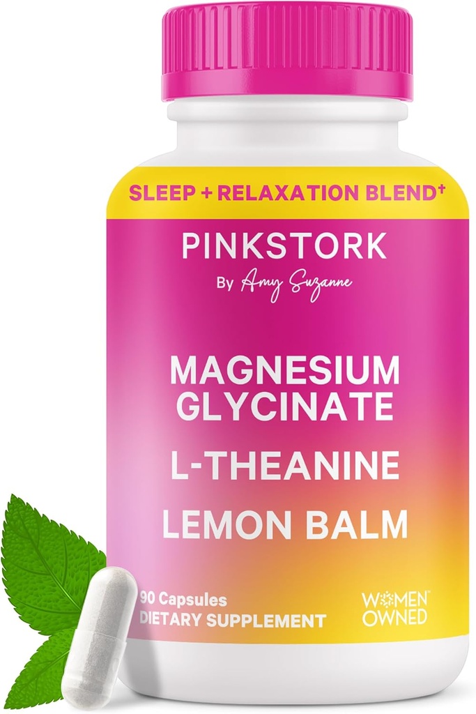 Pink Stork Magnesium Glycinate, L-Theanin, Zitronenbalsam - Melatonin-freies Magnesium für Schlafunterstützung - Natürliche Beruhigung und Entspannung - 90 Kapseln