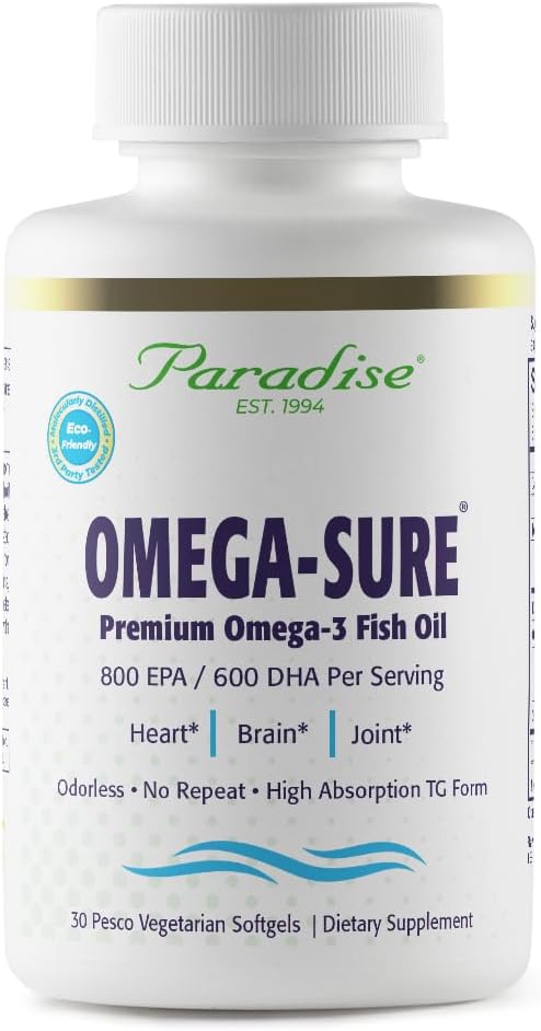 Paradise Herbs Omega-Sure, Omega-3 Concentrate, Premium Fish Oil, DHA, EPA, Vegan, Non GMO, Gluten Free, 30 Count Vegetarian Softgels