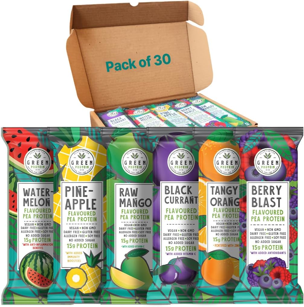 GreenProtein | Vegan Plant Pea Protein Isolate Powder | Dairy, Gluten Allergen & Soy Free, No added Sugar | Pineapple, Black Currant, Berry Blast, Watermelon, Raw Mango & Orange | Pack de 30