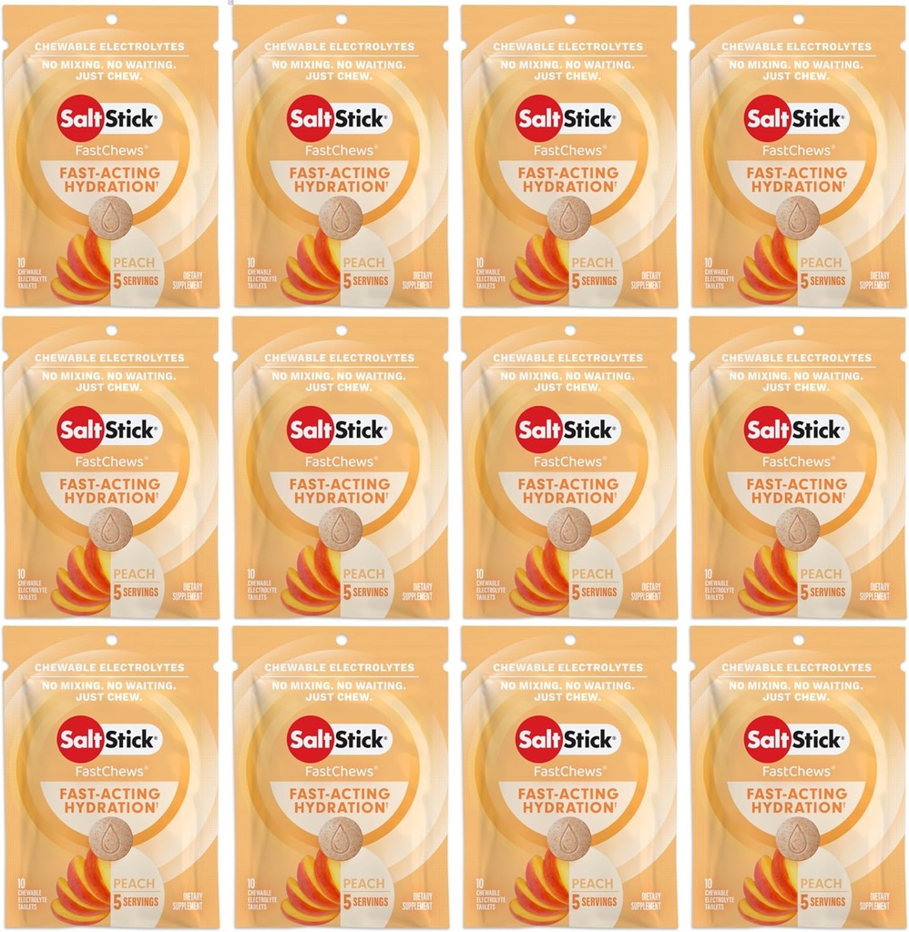 Eletrolítico SaltStick FastChews - 120 comprimidos de eletrólito mastigáveis de pêssego - Eletrolítico Mastiga, Salt Tablets - 12 pacotes, 10 comprimidos cada