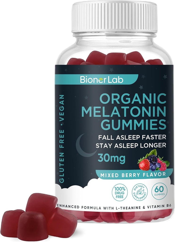BionerLab Melatonin Gummies (30mg) Yetişkin Qadınlar üçün L-theanine və Vitamin B6 ilə inkişaf - Extra Strength Chewables Calm Gummy - Gluten Pulsuz
