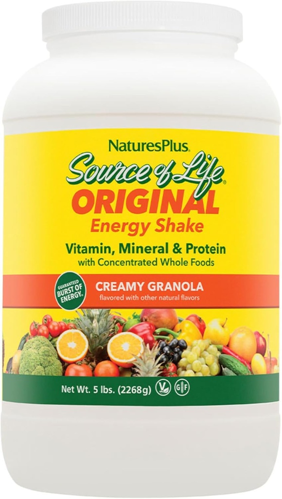 NaturesPlus Source of Life Energy Shake, Creamy Granola - 5 £, Pack of 2 - Provides 13g Complete Protein, Vitamins & Minerals - Non-GMO, Gluten Free, Vegetáriánus - 116 Total Servings