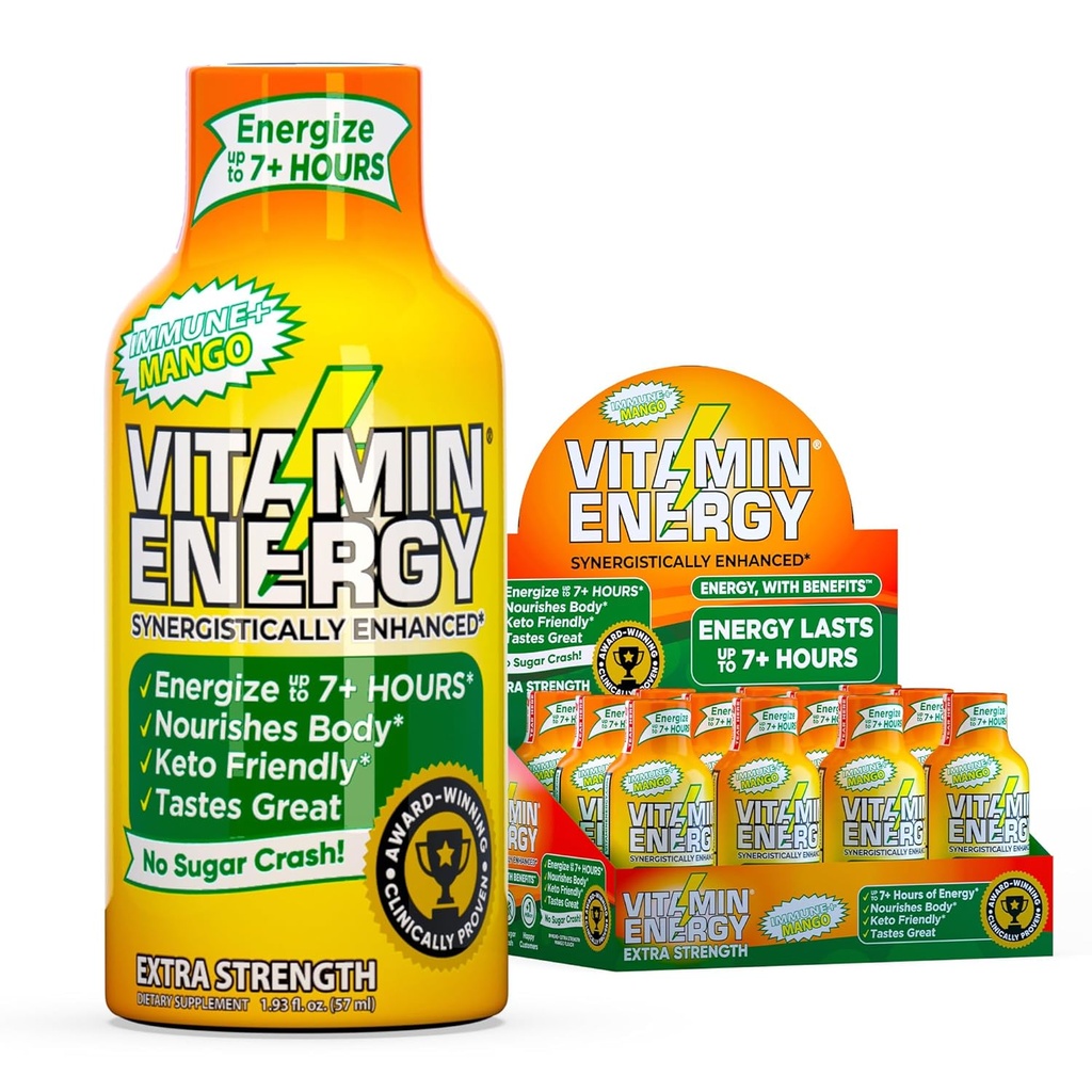Vitamin Energy Immune+ Extra Strength Energy Shot Mango 12 Pack, 260mg Natural Caffeine, B-Vitaminer, Citicoline, Green Tea, Immunity & Focus Support, Zero Sugar, Gluten-Free 1.93 fl oz