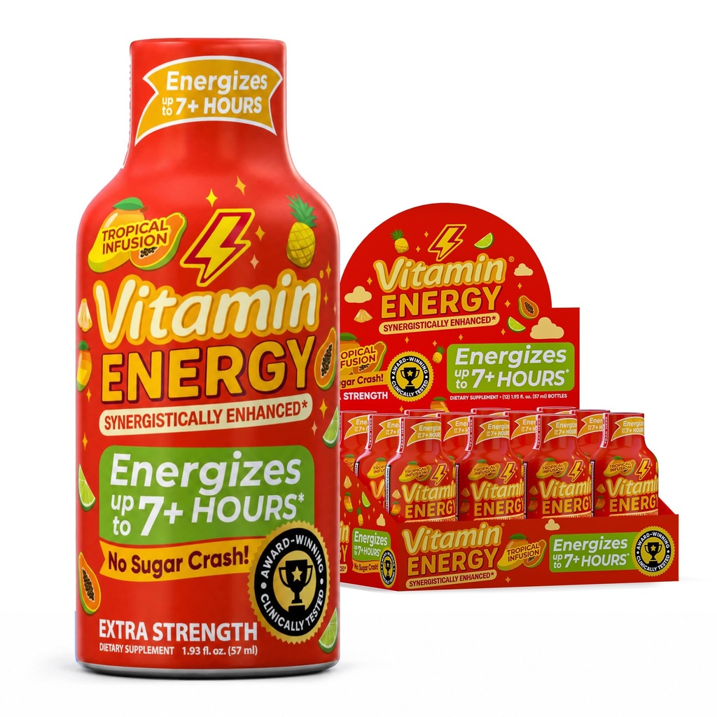 Vitamin Energy Tropical Infusion Extra Strength Energy Shot,12 Pack - Up to 7 Hrs, 260mg Natural Caffeine, Zero Sugar - BCAAs + CoQ10, Focus Support, B12 B6 Niacin, 1.93 fl oz, Keto Vegan