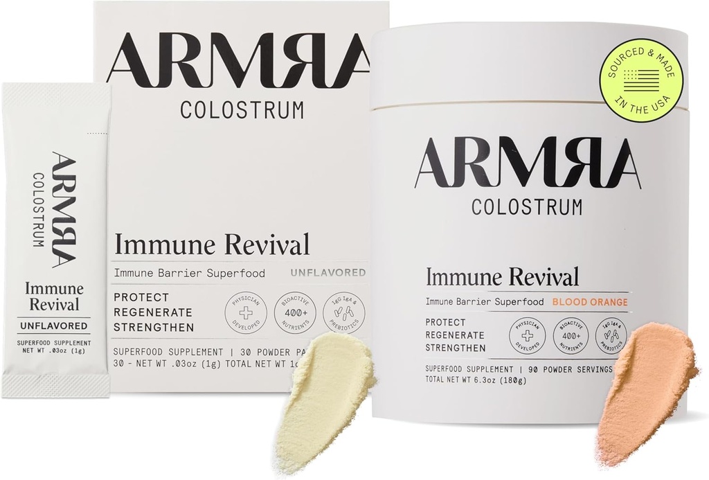 ARMRA ColostrumTM Powder, Gras Feder, Gut Salut Bloant Immunity Skin & pèl, Conté 400+ biotecs Nutrients, canent biotecrible, Keto, Guten & FatF (Unflavored 30 Blueal Orange 90)
