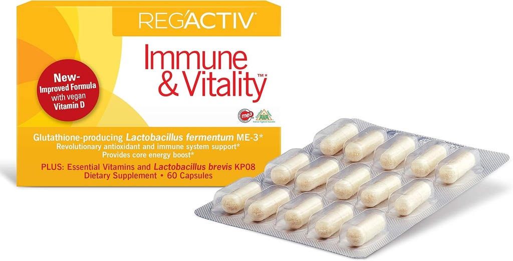 Reg'Activ Immune & Vitality - Impulsor do metabolismo con Probióticos de Lactobacillus fermentum ME-3 para suplementos de saúde Gut Digestive, con vitaminas veganas esenciais para o mantemento da saúde inmune