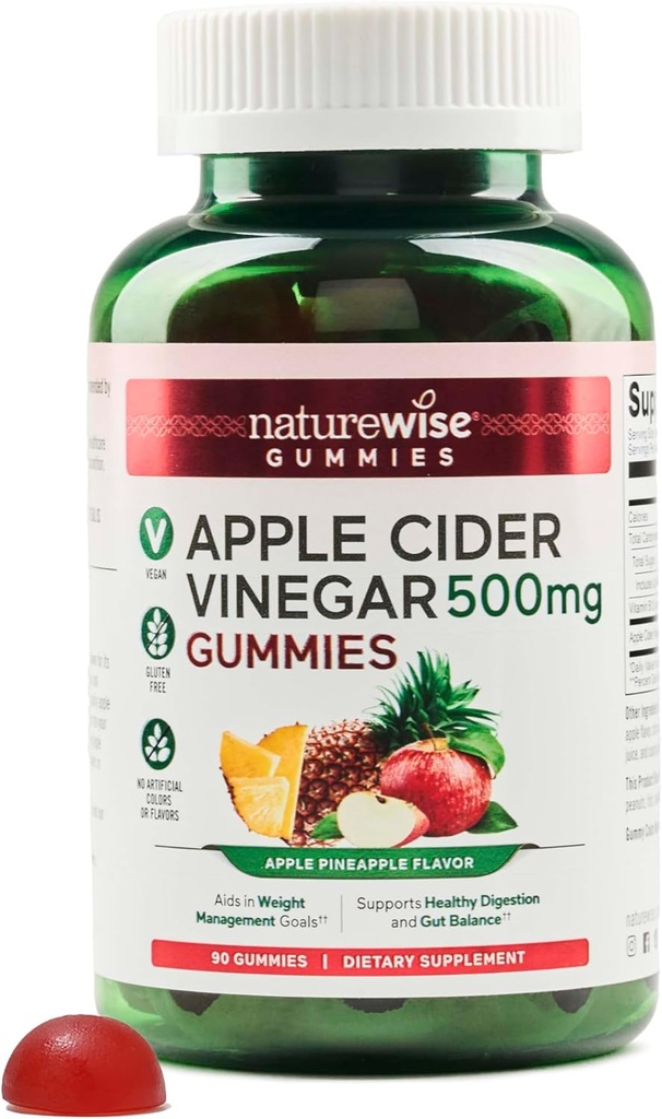 NatureWise Apple Cider Vinegar Gummies - 1000mg ACV na 2 + vitamin B12 - Pectin Based Vegan, Gluten-free, Non-GMO -90 Count[45-Day Supply for 1000mg or 3-Months for 500mg]