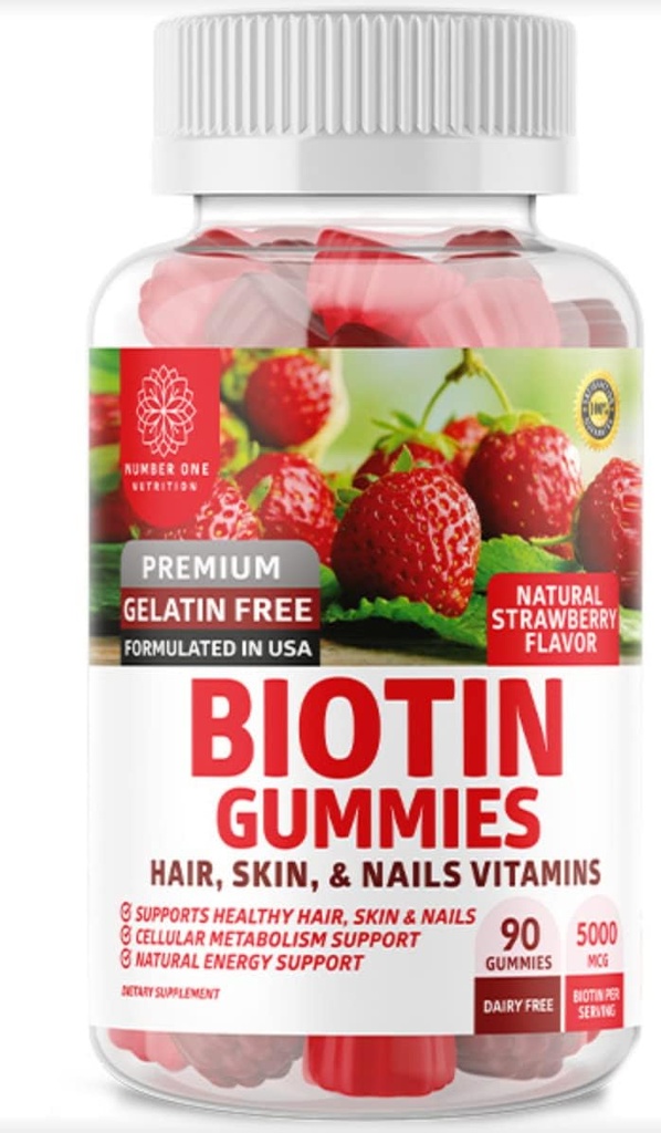 N1N Premium Biotin Gummies 5000mcg [Alta potencia, 90 Gummies] para cabelo saudable, pel e unhas para adultos e nenos, Vegan, Non-GMO, baseado en Pectin