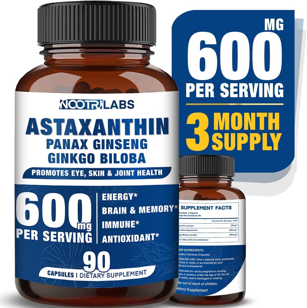 Astaxantina 15mg + Panax Ginseng, Ginkgo Biloba Suplementos, 90 Cápsulas Vegan, Promove a energia da saúde ocular, Suporte cardiovascular + Defesa e foco imunológico