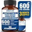 Astaxanthin 15 mg + Panax Ginseng, Ginkgo Biloba 补编, 90 Vegan Capsules, 促进眼部健康能源,心血管支持 + 免疫防御和焦点