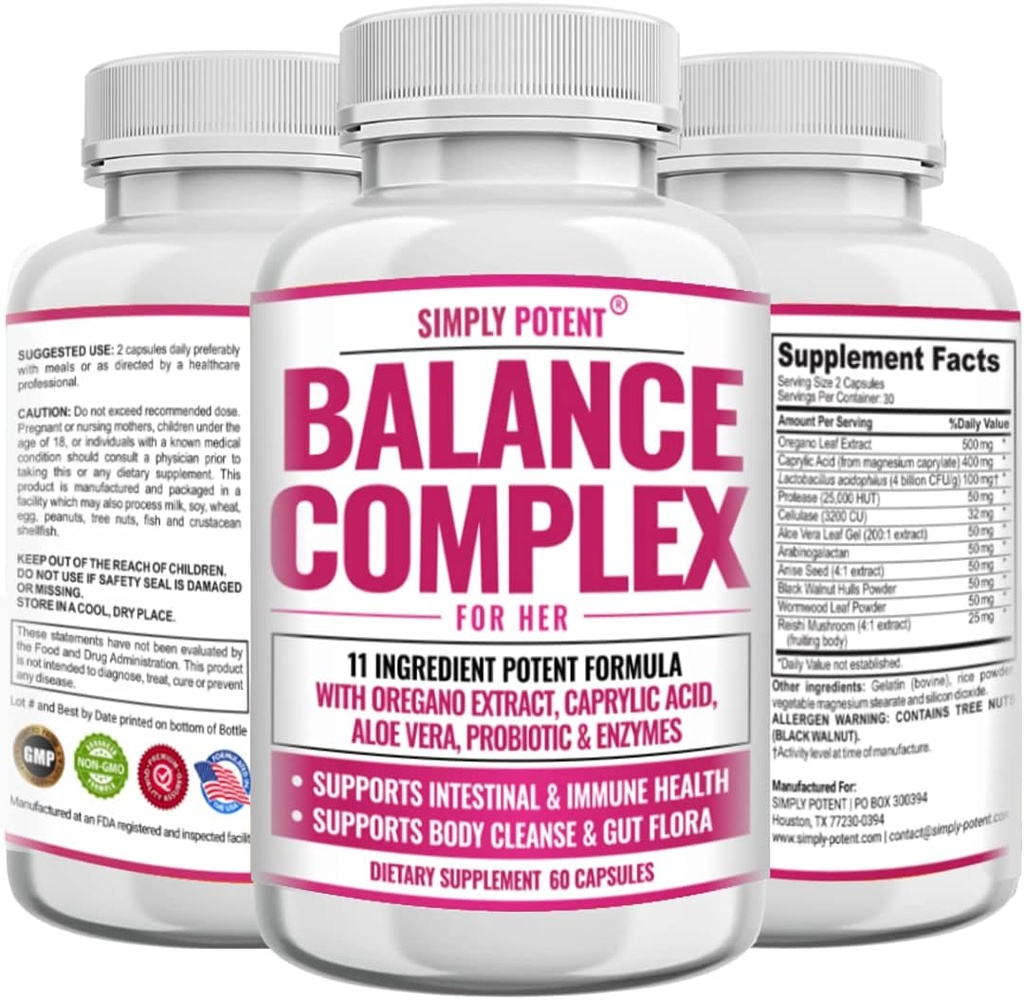 Balance Complex za ženske, Candida Cleanse & Vaginal Health Supplement, naravna formula z Origano, Kaprilna kislina, Aloe, Probiotiki in encimi za Gut & Imune Health Support, 60 kapsul