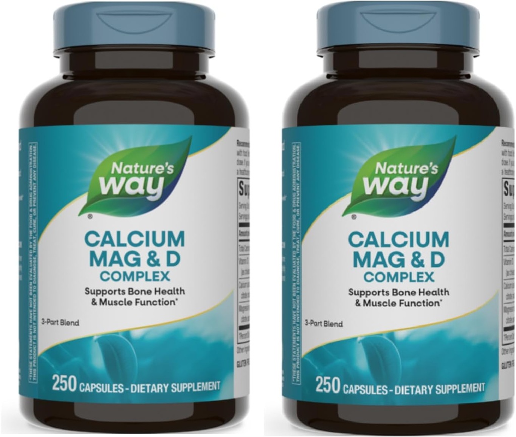 Nature's Way Calcium Magnesium & Vitamin D3 Complex, Gesunde Knochen & Zähne, Muskelfunktion und Entspannung*, Glutenfrei, 250 Kapseln (Packaging Mai Vary) - 2 Pack